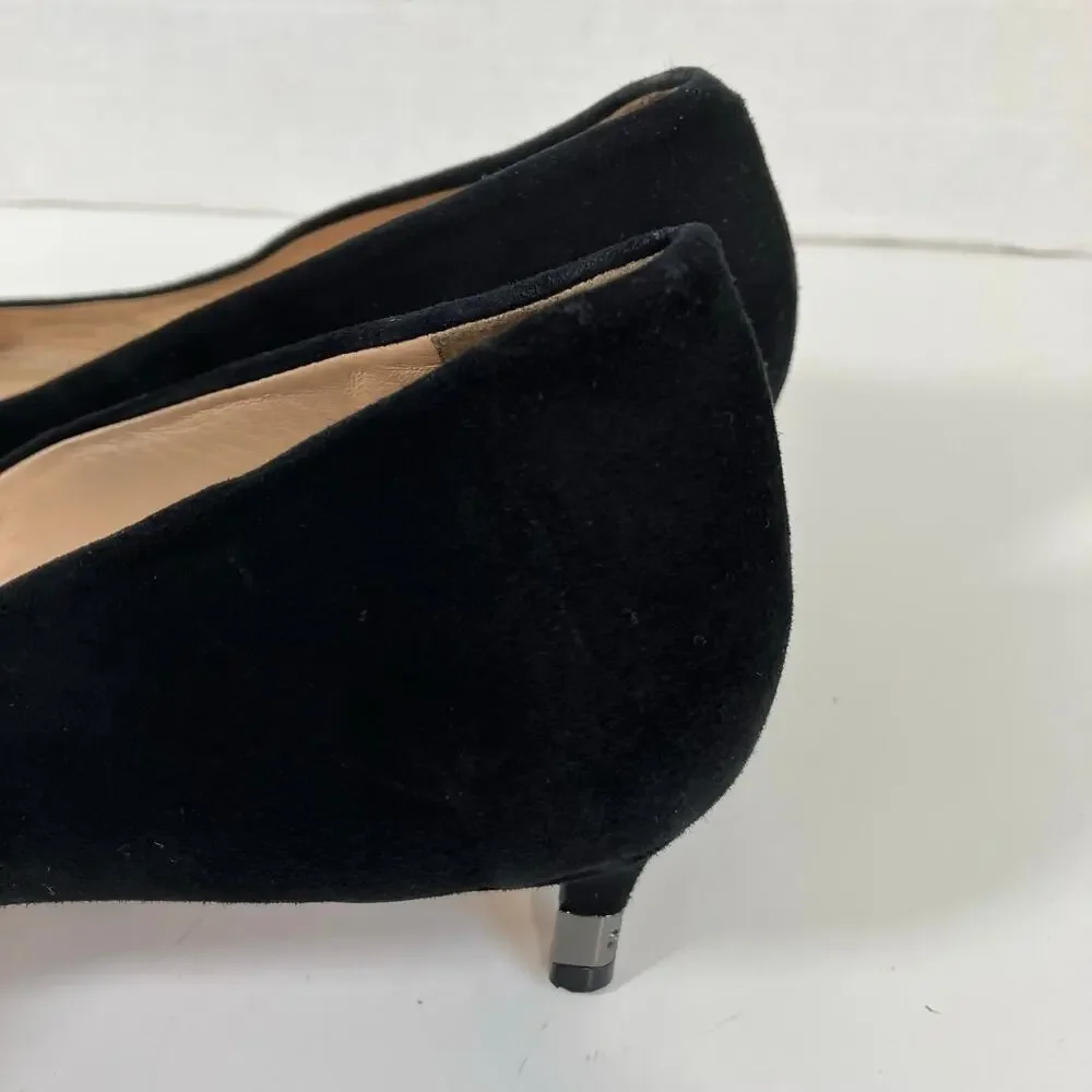 Tory Burch Sz 9 Greenwich Black Suede Kitten Heels Pointed Toe Logo Heel